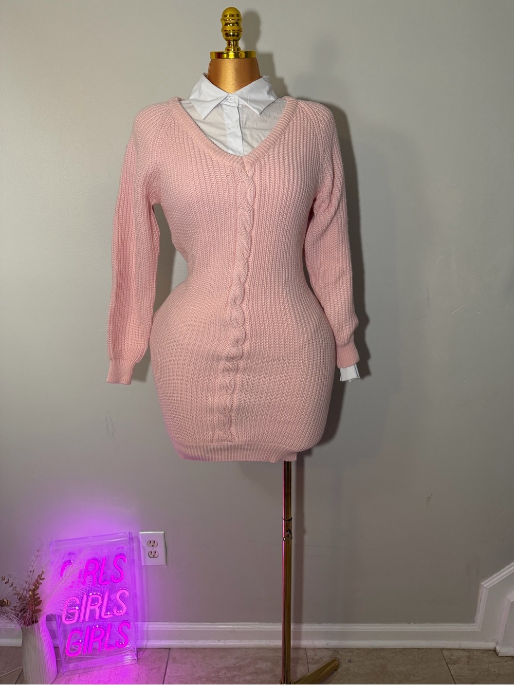 Women's Pink Cable-Knit V-Neck Sweater Dress